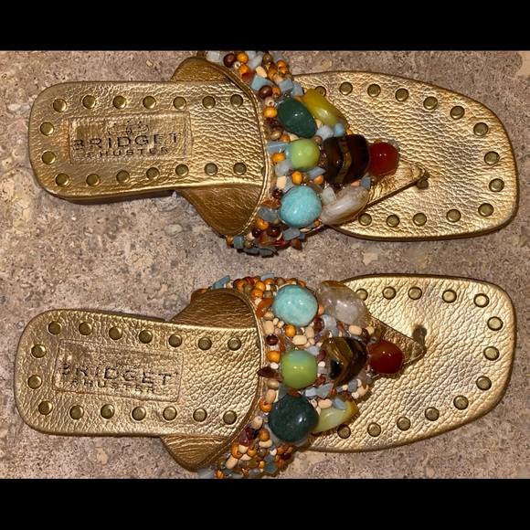 Bridget Shuster RARE Gold Leather Sandals Studded & Jeweled with Stones Size 7 - Picture 6 of 7